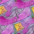 Modern letter, fish seamless watercolor artist wallpaper texture