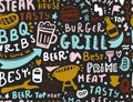 Modern lettering bbq seamless pattern. Barbeque food illustration for menu design Royalty Free Stock Photo