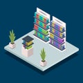 Modern library bookshelf isometric color vector illustration