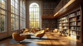 Modern library with chairs and reading tables 3D render Royalty Free Stock Photo