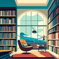 modern library interior with bookshelf and armchair, flat generative AI Royalty Free Stock Photo