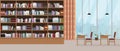 Modern library interior with grand bookshelf and large window with cityscape on background. Vector illustration.