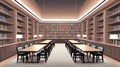 Modern Library Interior with Study Tables and Bookshelves, Ideal for Education and Study Spaces Royalty Free Stock Photo