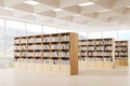 Modern library interior with wooden bookcase in row, panoramic window Royalty Free Stock Photo