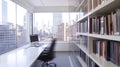 Modern Office Workspace with City View Professional Desk, Bookshelf, Downtown Background Royalty Free Stock Photo