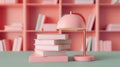 A modern library scene featuring a warm lamp illuminating a pile of books, representing study and knowledge Royalty Free Stock Photo