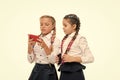 Modern life. Worldwide net. Internet resource has hazards for kids. Girls school uniform surfing internet. Schoolgirls