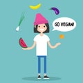 Modern lifestyle. Go vegan. Young character juggling fruits and