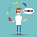 Modern lifestyle. Go vegan. Young nerd juggling fruits and vegetables / flat editable vector illustration, clip art