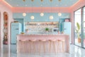 Modern light blue and pink kitchen with terrazzo countertop and bar stools Royalty Free Stock Photo