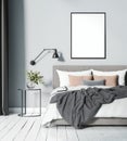 Modern light blue Scandinavian bedroom with blank frame Royalty Free Stock Photo