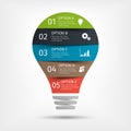 Modern light bulb infographic with symbols, 5 options. Template for presentation, chart, graph. Royalty Free Stock Photo