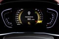 Modern light car black and blue mileage. Car dashboard with sensors and information.