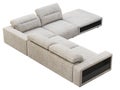 Modern light gray fabric corner sofa with adjustable backrest and storage. 3d render