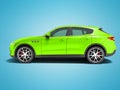 Modern light green crossover car for business trips side view 3D render on blue background with shadow Royalty Free Stock Photo