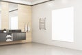 Modern hotel style bathroom interior with blank white mock up banner on wall. Room designs concept. 3D Rendering Royalty Free Stock Photo