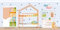 Modern light kids bedroom with bunk bed, wardrobe and toys. Children playroom interior. Vector flat cartoon illustration