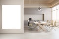 Modern light kitchen dining area with empty white mock up banner on wall, balcony, panoramic windows and lamp. Interior designs Royalty Free Stock Photo