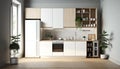 Modern light kitchen interior with furniture and kitchenware, white and wooden kitchen interior background, stylish kitchen,