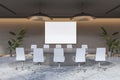 Modern light meeting room interior with empty white mock up banner and furniture. Boardroom concept.