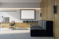 Modern office interior with furniture and empty white mock up banner. 3D Rendering Royalty Free Stock Photo