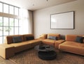 Modern light pastel home interior with bright orange couch and scandinavian brown carpet. Big window. Mock up frame