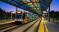 Modern Light Rail Train Arriving at a Station with a Colorful Stained Glass Canopy at Dusk public transportation Royalty Free Stock Photo