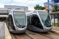 Modern light rail trams model Alstom Citadis public transport transit at Blagnac airport in Toulouse, France Royalty Free Stock Photo