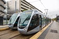 Modern light rail trams model Alstom Citadis public transport transit at Blagnac airport in Toulouse, France Royalty Free Stock Photo