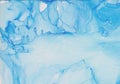 Modern light sky blue alcohol ink abstract background. Flow liquid watercolor paint splash texture effect illustration for cards