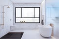 Modern stylish bathroom interior with mirror, window and city view. 3D Rendering Royalty Free Stock Photo