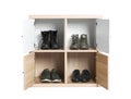 Modern light wooden cabinet with shoes on white. Furniture for wardrobe room Royalty Free Stock Photo