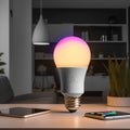 Modern lightbulb on table in living room. 3D rendering