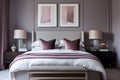 Modern lilac themed double bedroom with matching side tables and lamps two abstract wall art frames above headboard Generative AI