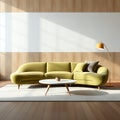 A modern lime green sectional sofa with a small potted plant on a white coffee table in a bright room Royalty Free Stock Photo