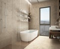 Modern limestone bathroom, bathtub and shower, shelves with bottles, big panoramic window