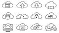 Modern line art cloud computing icon set featuring server, database, security, and API symbols for technology services Royalty Free Stock Photo