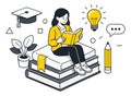 Modern line art illustration of a student depicting reading books and getting new ideas for education and knowledge Royalty Free Stock Photo