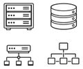 Modern line art IT infrastructure icon set featuring server racks, a database stack, and network architecture diagrams for Royalty Free Stock Photo