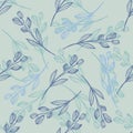 Modern line art leaf seamless pattern on light green background. Hand drawn floral botanical wallpaper Royalty Free Stock Photo