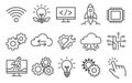 Modern line art technology and innovation icon set featuring development, cloud computing, and process symbols for digital Royalty Free Stock Photo