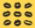 Modern Lips prints on a white background. Vector set of womans girl lipstick kiss mark.