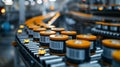 Modern lithium-ion batteries on factory conveyor belt, close-up view Royalty Free Stock Photo