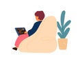 Modern little boy writing programming code use laptop vector flat illustration. Kid sitting on comfy armchair enjoying