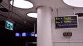 A modern live departure train board above a Warsaw metro line 2 platform. Departure sign in Warszawa Mlynow metro train station. Royalty Free Stock Photo