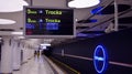 A modern live departure train board above a Warsaw metro line 2 platform. Departure sign in Warszawa Mlynow metro train station.