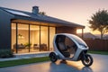 EV Cargo Trike Shines in Sunset Warm Embrace at Stylish Home, AI Generated Royalty Free Stock Photo