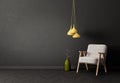 modern living room with armchair yellow lamp and black wall. scandinavian interior design furniture. Royalty Free Stock Photo