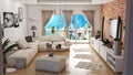 Modern living room with beautiful view 3D illustration