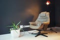 Modern Living Room With Beige Leather Armchair And Black Wall